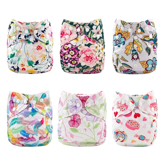 Babygoal Cloth Diaper Cover for Girls,Baby Adjustable Reusable Covers for Fitted Diapers and Prefolds, 6pcs Baby Clothes Covers+One Wet Bag 6DCF04