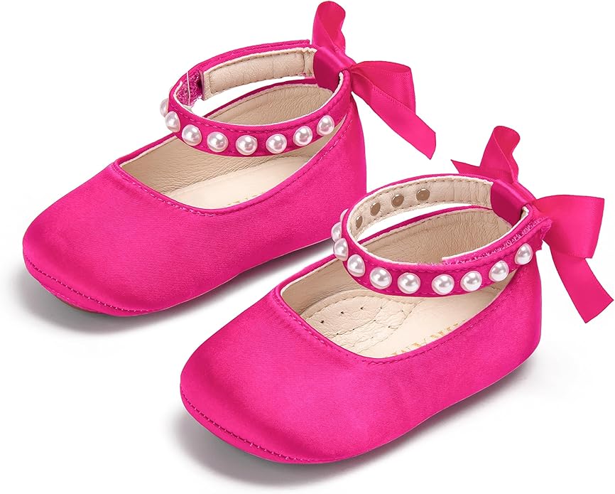 Baby Girls Mary Jane Flats - Infant Newborn Walking Shoes Soft Rubber Sole Princess Wedding