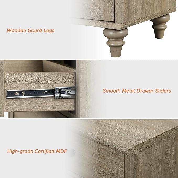 WAMPAT Grey Dresser for Kids Bedroom with 5 Drawers and 2 Storage Cabinet, Nightstands with Charging Station for Living Room, Mid Century Modern Baby Dressers with Wide Chest of Drawers for Nursery