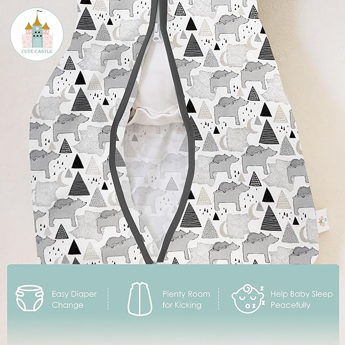 Cute Castle Baby Sleep Sack 6-12 Months - Lightweight 100% Cotton 2-Way Zipper TOG 0.5 Infant Wearable Blanket, Newborn Essentials Toddler Sleep Clothes, 3 Pack(Dark gray, Light gray, Bear)