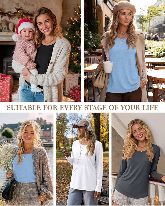 4 Pack Women's Cotton Nursing Tops, Breastfeeding Maternity with Hidden Zippers Crew Neck Long Sleeve Pregnancy Shirts