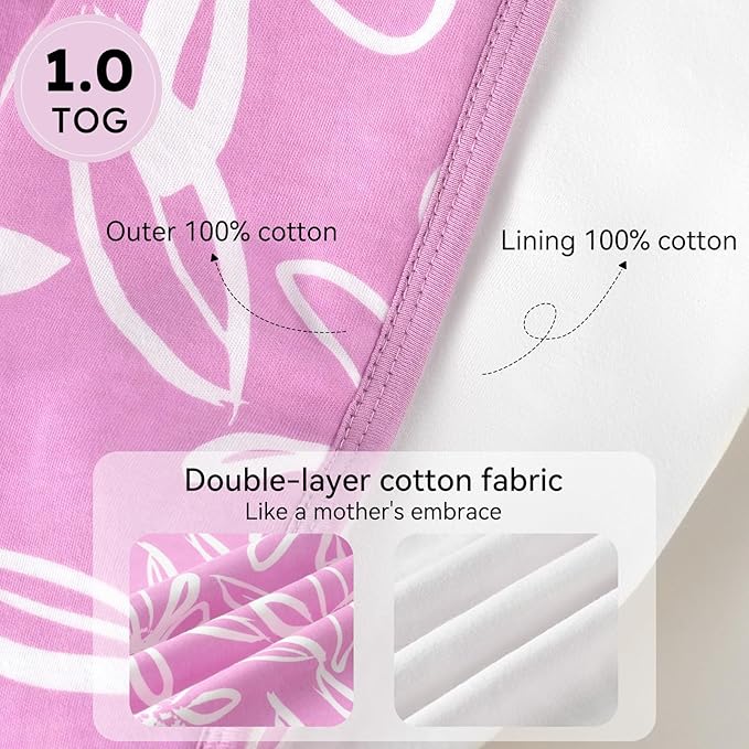 Baby Sleep Sack 0-6 Months 1.0 Tog Baby Wearable Blanket 100% Cotton Sleeping Sack with 2-Way Zipper for Infant Newborn Purple Leaf