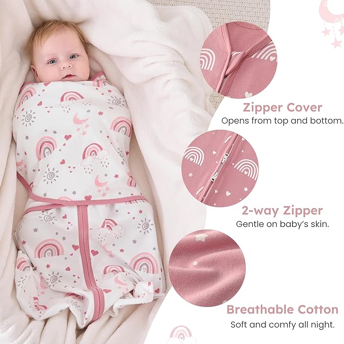 Baby Swaddle Sleep Sack 3-6 Months, Cotton Swaddles for Newborns Girls, 2-Way Zipper Transitional Infant Wearable Swaddling Blanket with Quiet Closure, 0.5 TOG 2 Pack Soft Pink Rainbow