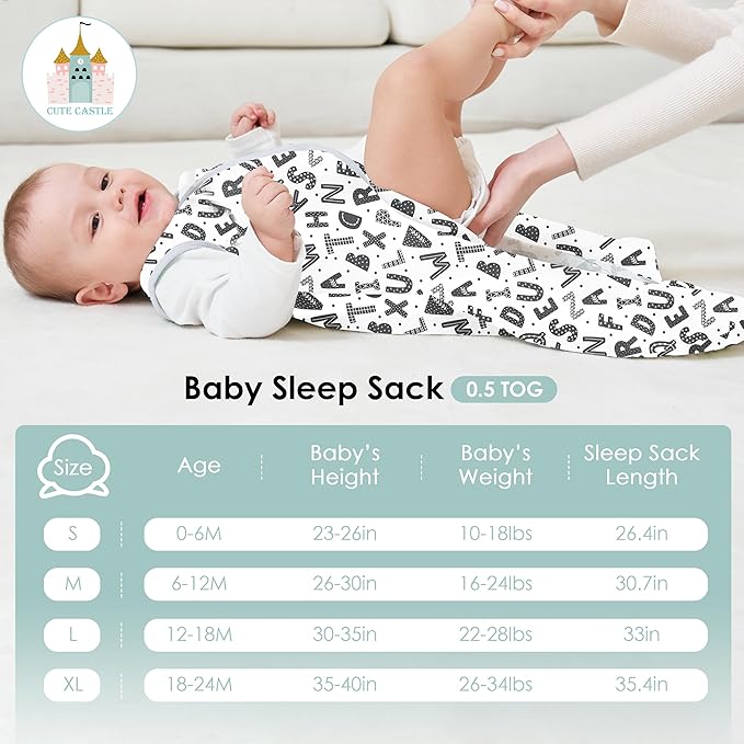 Cute Castle Baby Sleep Sack 12-18 Months - Lightweight 100% Cotton 2-Way Zipper TOG 0.5 Infant Wearable Blanket, Newborn Essentials Toddler Sleep Clothes, 3 Pack(Gray, Letters, Stars)