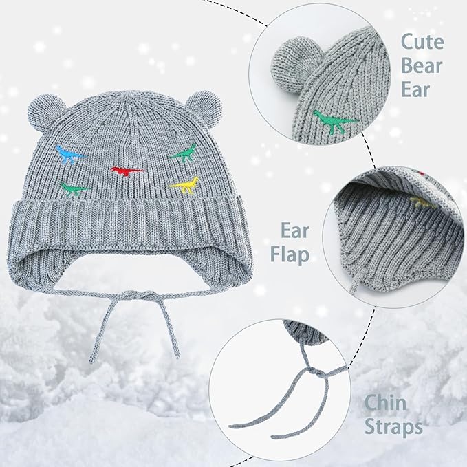 BAVST Baby Beanie Hat for Winter with Earfalp Cute Bear Kids Toddler Girls Boys Warm Knit Cap 0-2Years