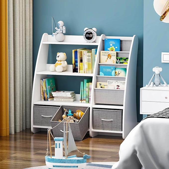 White Kids Bookshelf Wood Toy Storage Organizer Cabinet Children Bookcase Toddler Baby Sling Book Rack 3 Cube Bins Sail Boat Arc Shape for Playroom Bedroom Nursery Classroom