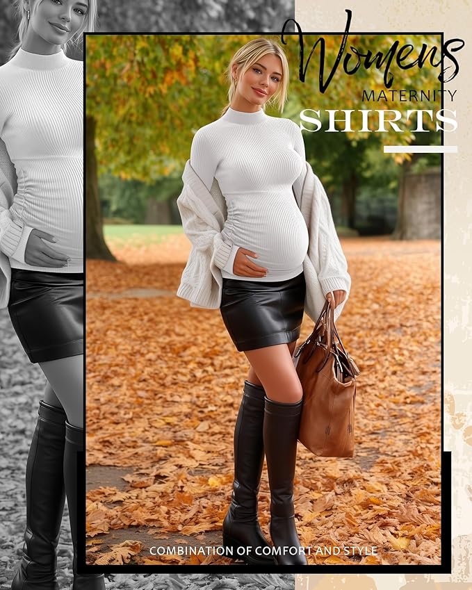 4 Packs Womens Maternity Shirts Long Sleeve Cotton Ribbed Pregnancy Mock Neck Side Ruched Workout Tops for Mama