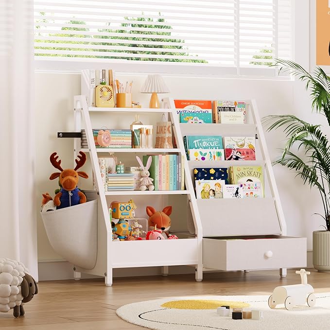 Kids Bookshelf and Toy Storage Organizer, Kids Bookcase Montessori 3 Tier Baby Toddler Sling Book Shelf with Drawer Pockets for Kids Room, Nursery, Playroom, Bedroom, White