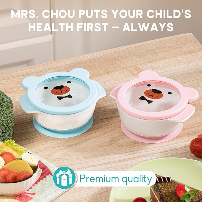Ceramic Suction Bowl for Babies and Toddlers, Non-Slip Silicone Suction Cup, BPA-Free Lids, Independent feeding, First Stage Self Feeding Essential, Baby-Led Weaning Snack Feeder