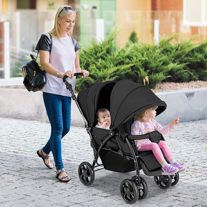 HONEY JOY Double Stroller, Foldable Lightweight Infant Twin with Tandem Seating, 5-Point Harness, Recline Seat, Storage Basket, Compact Baby Double Stroller Newborn and Toddler (Black)