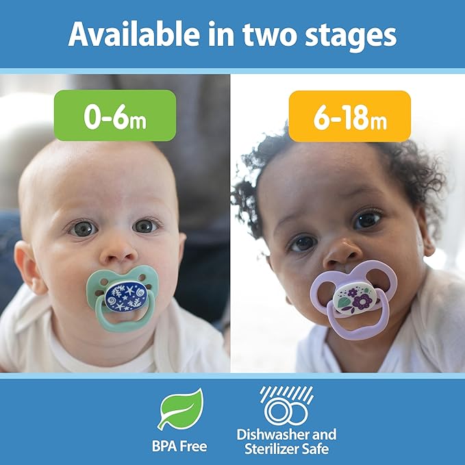 Dr. Brown's Advantage Glow-in-The-Dark Baby Pacifier, Fully Symmetrical Soother with Soft Silicone Bulb, Blue Sunrise-Blue Ocean, 0-6m, BPA Free, 4 Pack