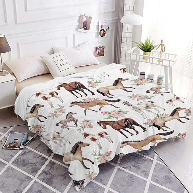 Horse Rose Blanket for Baby Girls Flowers Throw Blanket for Boys, Lightweight Cute Horses Soft Flannel Blankets for Kids Gifts, 30x40 Inches