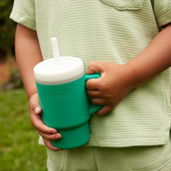 Infantino My 1st Tumbler, Silicone Sippy Cup with Straw & Handle, Spill-Resistant Baby Cup for On-the-Go, BPA-Free Transition Bottle, Alpine