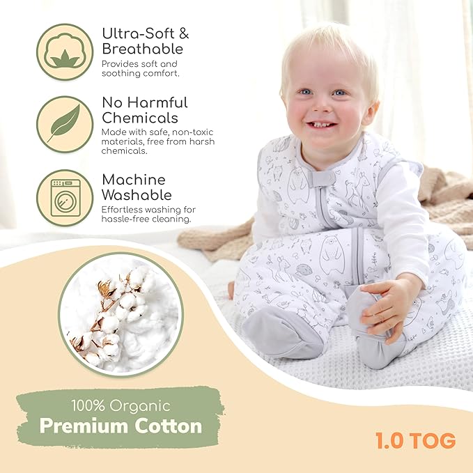 Mama Cheetah Toddler Sleep Sack with Feet 4T-5T, 1.0 TOG Organic Cotton Baby Wearable Blankets with Legs, Baby Sleeping Bag for Walkers, Early Walker X-Large