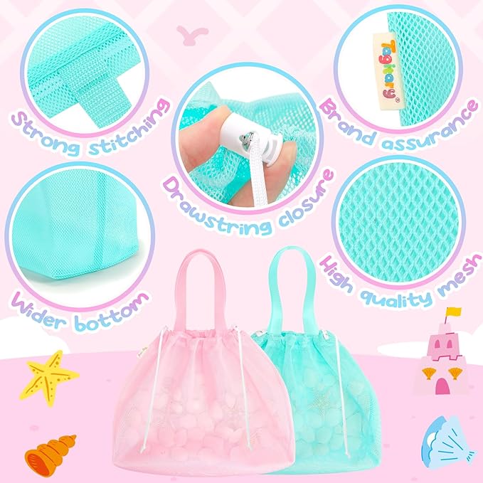 Tagitary Beach Toys Kids Beach Bag Tote with Drawstring, Pink Blue Mesh Bag Travel Beach Essentials for Kids Swim Pool Gym Bag Camping Accessories Toys Storage Lightweight Foldable Birthday Gifts