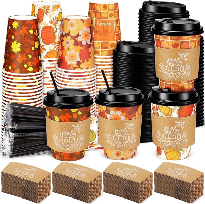 Lallisa 100 Sets Fall Thanksgiving Coffee Cup Bulk with Lid Disposable 12 oz Fall Hot Cups Paper and Sleeves Straws, Autumn Drinking Supplies for Holiday Party(Classic Style)