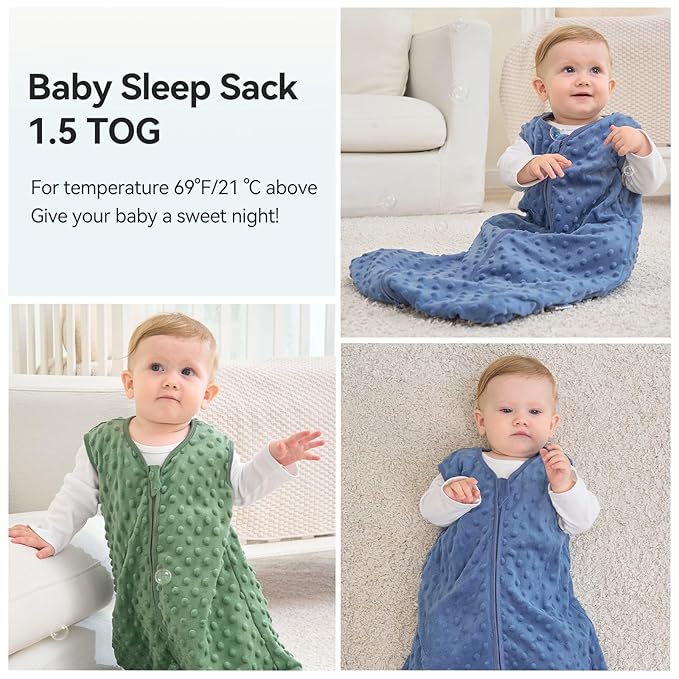 Fleece Baby Sleep Sack 18-24 Months with Plush Dots 1.5 Tog Baby Wearable Blanket with 2-Way Zipper Warm Sleeping Sack for Toddler Infant - XLarge, Blue&Green
