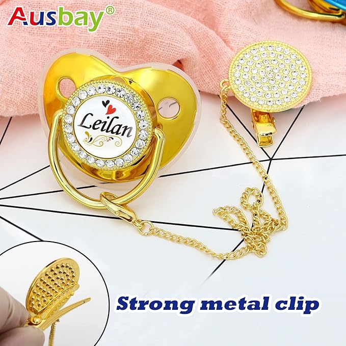 Personalized Pacifier Set with Name, BPA Free, Bling Gold Silver Pink Rose Gold Luxurious Ideal Gift for Newborns (White)