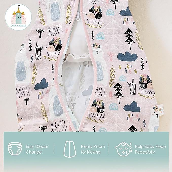 Cute Castle Baby Sleep Sack 6-12 Months - Lightweight 100% Cotton 2-Way Zipper TOG 0.5 Infant Wearable Blanket, Newborn Essentials Toddler Sleep Clothes, 3 Pack(Pink, Bear, Bear Claw)