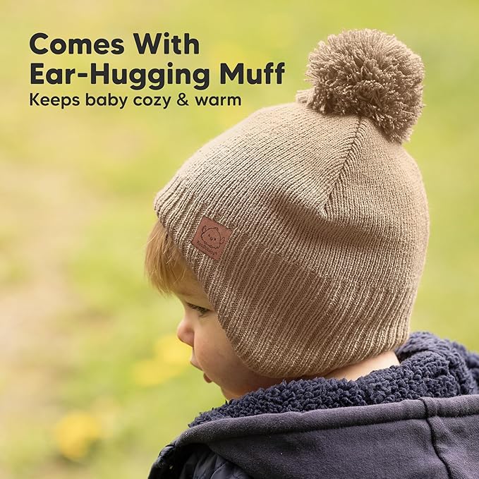 Baby Beanies, Baby Hats for Boys, Girls - Cute Toddler Winter Hat, Soft & Stretchy Beanies for Infant, Newborn 6-36 Months, Cozy & Warm with Earflap Muff & Pom (Taupe)