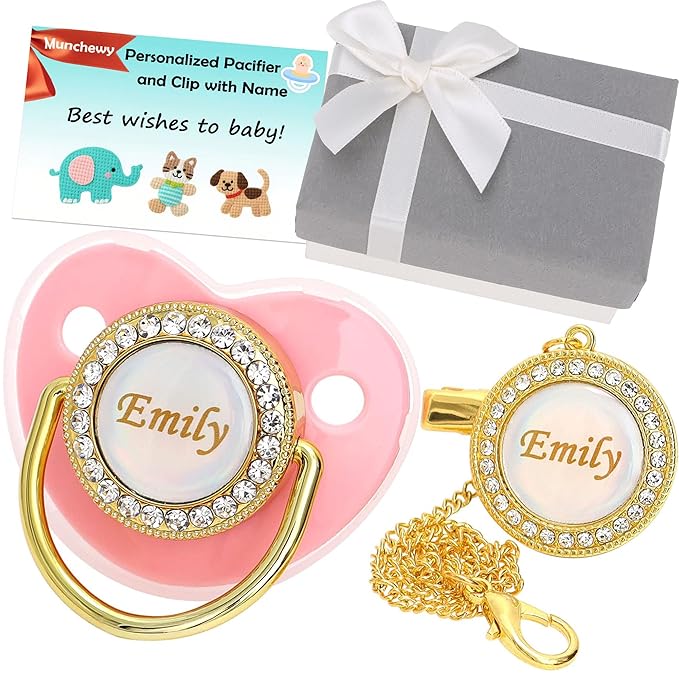 Personalized Pacifier with Name, Bling Gold Pacifier Clip Set with Gift Box Greeting Card, Glitter Crystal Luxurious Dummy Ideal Gift for Girl Baby Shower Newborn Photography(Pink)