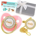 Personalized Pacifier with Name, Bling Gold Pacifier Clip Set with Gift Box Greeting Card, Glitter Crystal Luxurious Dummy Ideal Gift for Girl Baby Shower Newborn Photography(Pink)