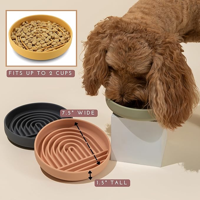Should We Go? Slow Feeder for Dogs & Puppies, The Slowdown Bowl Silicone Slow Eating, Modern Lick Mat Design, Reduces Gulping, Fits 2 Cups, 7.5” Across x 1.5” Tall, Mealtime Challenge, Medium-Tan