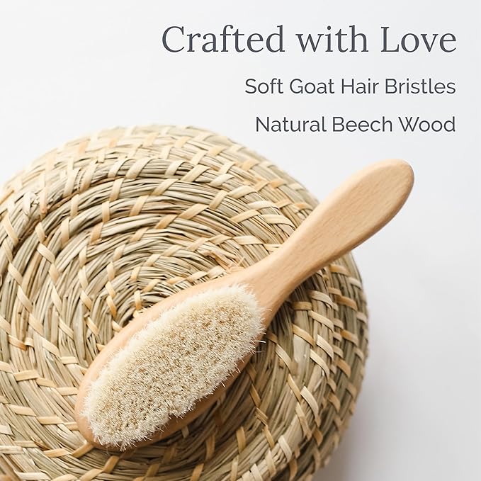 Natemia Baby Hair Brush - Wooden Handle & Soft Goat Bristles for Gentle Grooming & Scalp Massage - Newborn & Toddler Hair Brush for Cradle Cap Care (Oval)