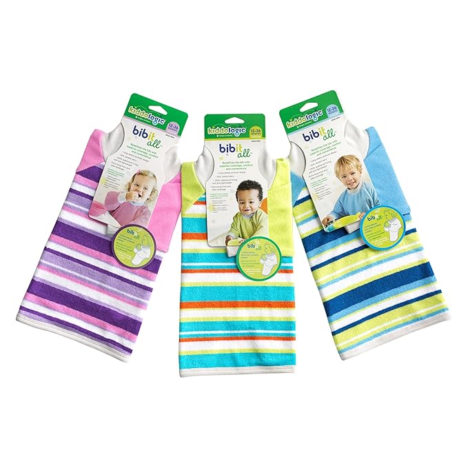 Kiddologic Bibit-all Baby Feeding Bib, Long Sleeves, Ribbed Cuffs, High Collar, Stretchy Pullover Smock, Soft Absorbent Terry, Waterproof Lining, Toddler Girl 12-36 Months, Wild Orchid (Pink) Stripe