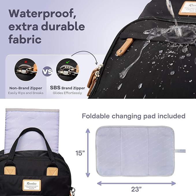 RUVALINO Diaper Bag Backpack, Multifunction Travel Pack Maternity Baby Changing Bags, Large Capacity, Waterproof, Black
