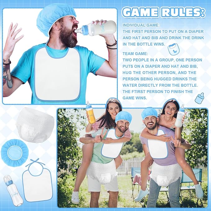 6 Sets Bottle Chug Baby Shower Games Juegos Para Plastic Baby Bottles Bibs Hat Disposable Diapers Gender Reveal Games Baby Changing Diaper Race Game Decoration (Blue)