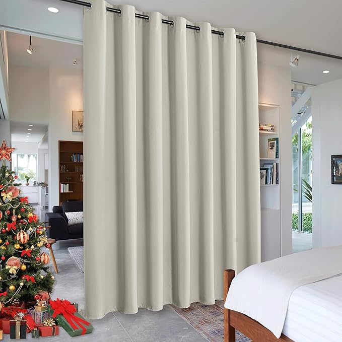 RYB HOME Privacy Curtain for Sliding Glass Door, Light Block Noise Reduce Insulated Curtain Screen for Living Room Locker Room Basement Bedroom Closet, 100 inch Wide x 108 inch Long, Natural