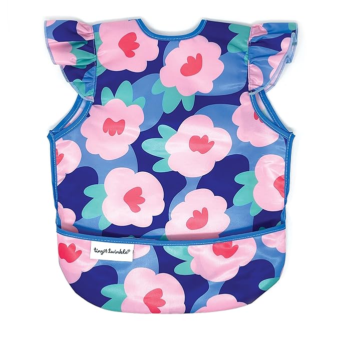 Tiny Twinkle Short Sleeve Apron Baby & Toddler Bib for Girls – Waterproof, Mess-Proof Bibs for Eating & Feeding, Machine Washable,Perfect Holiday Gift (Floral Blue, 2-4Y)