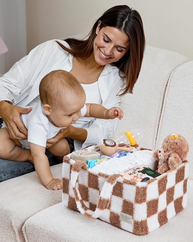 Checkered Diaper Caddy Organizer with Portable Changing Mat - Teddy Fleece Diaper Organizer for Changing Table - Caddy Organizer with Removable Dividers - Light Taupe and White