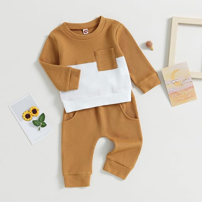 Toddler Baby Boy Fall Clothes Waffle Contrast Color Sweatshirt Pants Sets Infant Winter Outfits 6 12 18 24 Months