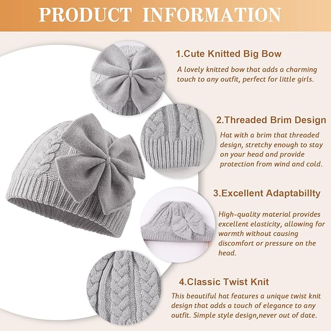 JANGANNSA Winter Warm Knitted Baby Hat for Girls Cotton Lined Infant Toddler Hat Autumn Cute Bow Classic Girls Beanie 0-6Y