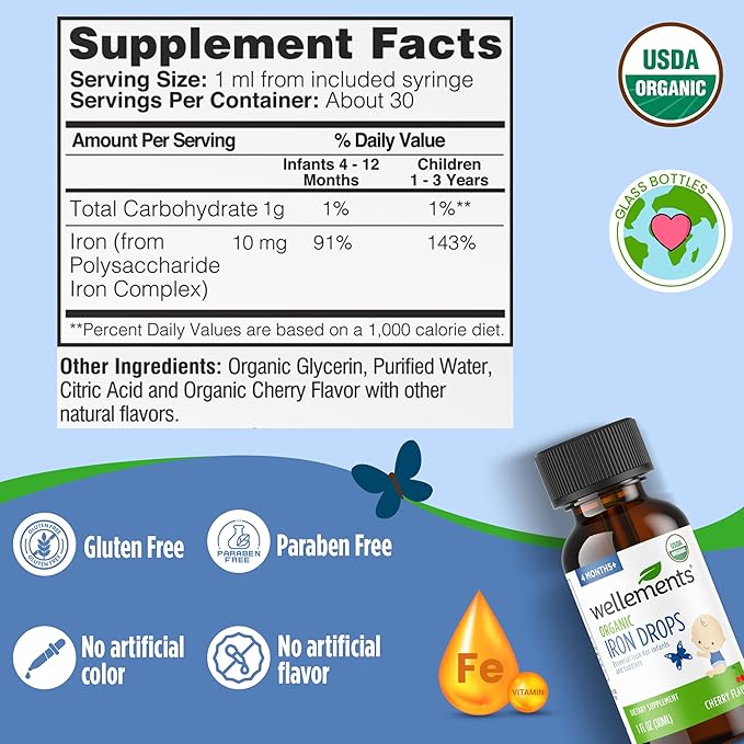 Wellements Organic Iron Drops for Newborn+ Babies (1 Fl Oz) - Cherry Flavor Liquid Iron Supplement for Infants - Toddler Iron Supplement for Kids (4months+ to 3 Years) - Supports Growth & Development*