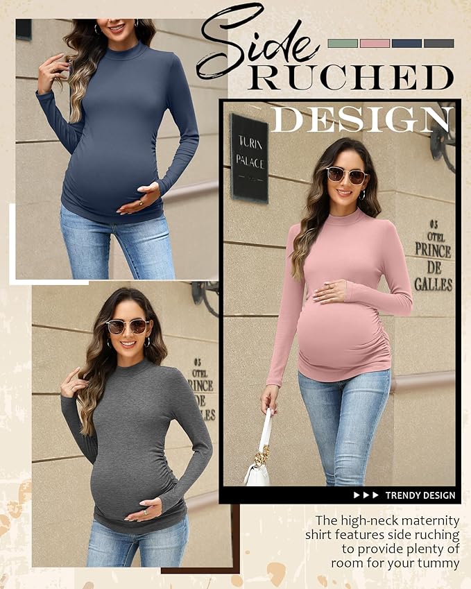 4 Packs Womens Maternity Shirts Long Sleeve Cotton Ribbed Pregnancy Mock Neck Side Ruched Workout Tops for Mama