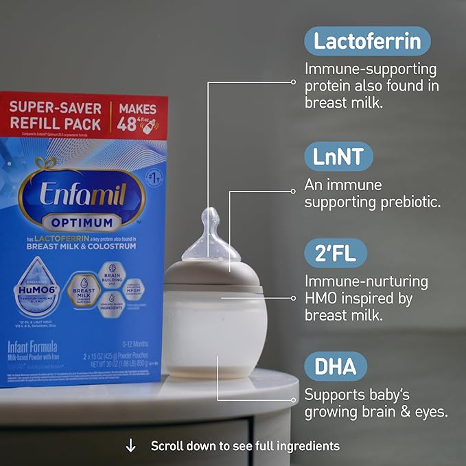 Enfamil Optimum (Enspire), Our Closest Formula to Breast Milk, Immune-Supporting Lactoferrin and Brain-Supporting DHA Baby Formula, Powder 30 Oz Refill, Pack of 4