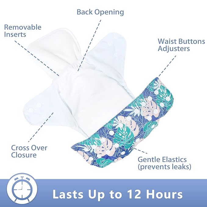 Leekalos Cloth Diapers Reusable for Boys and Girls, Baby Diaper Cloth with Inserts & Wet Bag One Size (Floral)