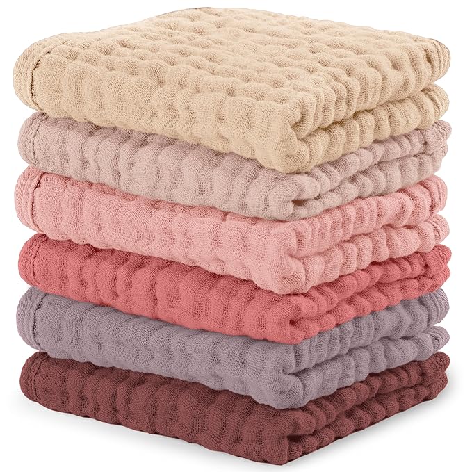 Comfy Cubs Muslin Baby Washcloths 6 Pack - Soft 6-Layer Cotton Wash Cloths for Sensitive Skin - 10"x10" Large, Gentle, Absorbent Infant Essentials for Newborn and Toddlers - Multi Girl