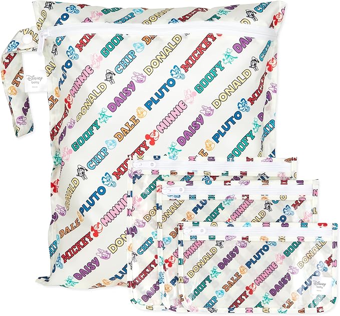 Bumkins - Waterproof Wet Bag & Clear Travel Bags - For Beach, Baby, Travel, Swim Suit, Cloth Diapers, Pump Parts, Pool, Gym, Toiletries - Reusable & Easy to Clean - Mickey and Friends White - 4 Pack