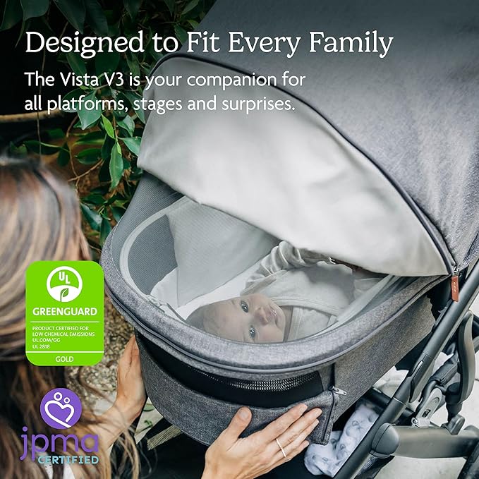 UPPAbaby Vista V3 Stroller + Bassinet V3 - Convertible Single-to-Double Stroller System- Bassinet, Toddler Seat, Bug Shield, Rain Shield Included- Callum (Stone Blue/Silver Frame/Sand Leather)