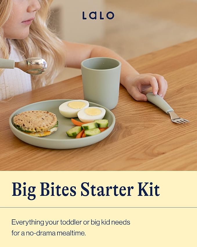 Lalo Big Bites Kids Dinnerware Starter Set - Dishwasher Safe, BPA Free, Kids Tableware Set - Includes Stackable Bowl, Plate, Utensils & Cup - 5 Pieces - Sage
