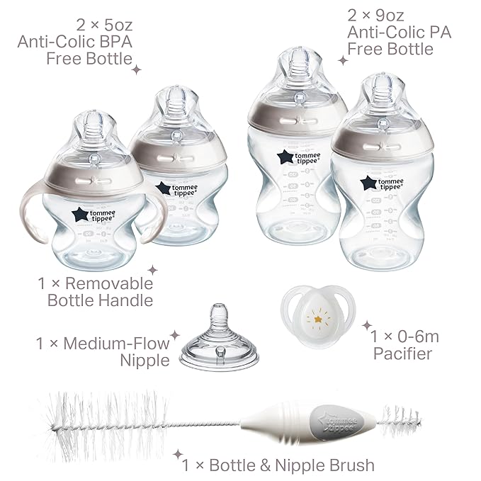 Tommee Tippee Natural Start Baby's First Bottle and Pacifier 8 Piece Set, 2 x 5oz and 2 x 9oz Anti-Colic BPA Free Bottles, 2 Extra Slow and Medium Flow Nipples, 2, 0-6 Month Pacifiers, Clear