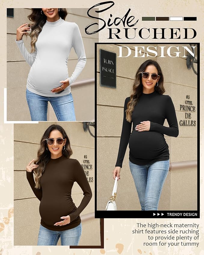 4 Packs Womens Maternity Shirts Long Sleeve Cotton Ribbed Pregnancy Mock Neck Side Ruched Workout Tops for Mama