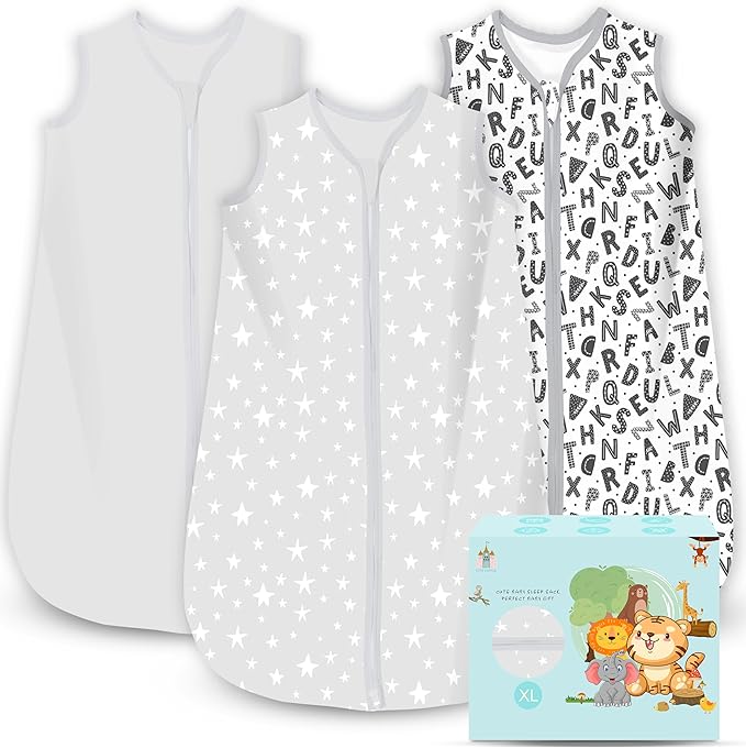 Cute Castle Baby Sleep Sack 18-24 Months - Lightweight 100% Cotton 2-Way Zipper TOG 0.5 Infant Wearable Blanket, Newborn Essentials Toddler Sleep Clothes, 3 Pack(Gray, Letters, Stars)