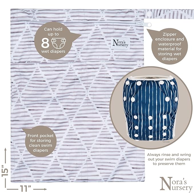 Nora's Nursery Reusable Swim Diapers and Wet Bag - One Size Fully Adjustable - Seaside Unisex 3 Pack with Wet Bag