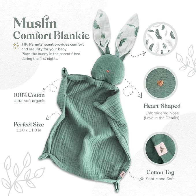 Mikito Organic Cotton Newborn Gift Box, Unisex Baby Gifts Including Muslin Lovey Comforter, Bandana Bib, Wooden Teether & Birth Announcement Sign
