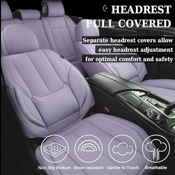 Coverado Car Seat Covers Full Set, Seat Covers for Cars, Car Seat Covers Front Seats and Back Car Seat Protector Waterproof, Leather Car Seat Cushion Universal Fit for Most Cars Purple